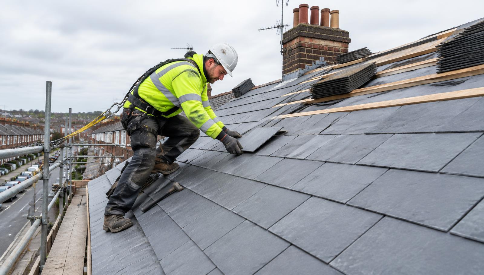 Roofer laying new slate tiles on a UK house